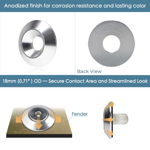 Rolling Gears M6 silver anodized aluminum rivet washers for fender flare hardware kit, 24-piece set