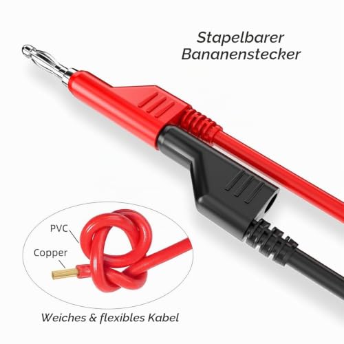 Stackable Banana to Banana Plug Test Lead 1m Red Black | Pack of 2, soft electric test cable wire, 3.3 ft, for multimeter, 1000 V 15 A 3,3ft/1m