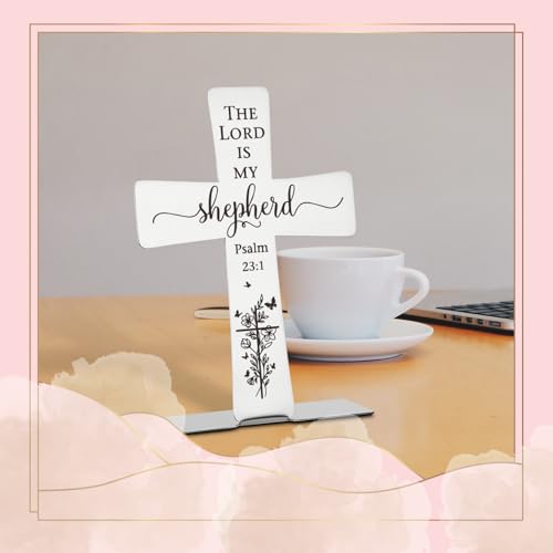 Psalm 23 1 Bible Verses Cross Decor Inspirational Scripture Gifts for Women Faith Men Friend Coworker Encouragement Christian Religious Stainless Steel Cross Desk Decorative Signs Plaques COR5 Psalm 23 1