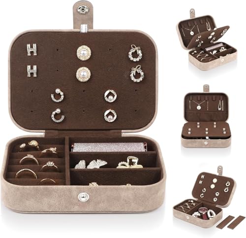 SLOZO Travel Jewelry Box, Small Jewelry Organizer Boxes for Women Girls, Travel Jewelry Case Portable Jewelry Storage for Earrings, Ring, Necklaces, Bracelets - Brown