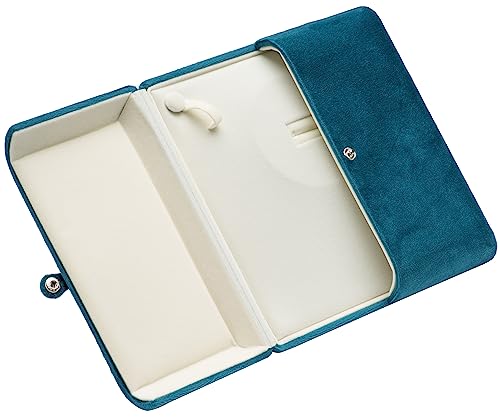 Blue velvet jewelry box by COWFEX with a chunky pearl necklace and ring inside, ideal for gift storage or organization.
