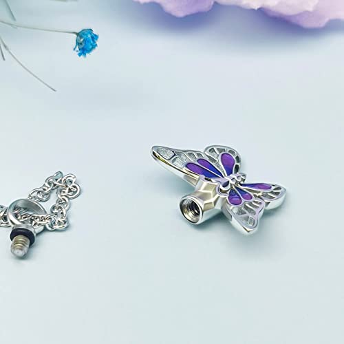 YSAHan Purple Butterfly Cremation Urn Necklace for Ashes Keepsake Memorial Jewelry Engraved Now She Flies with Butterflies