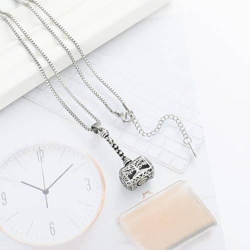 XSMZB Viking Thor Hammer Cremation Jewelry for Ashes Tree of Life Hammer Keepsake Ashes Necklace for Human Pet Funeral Memorial Pendant Silver