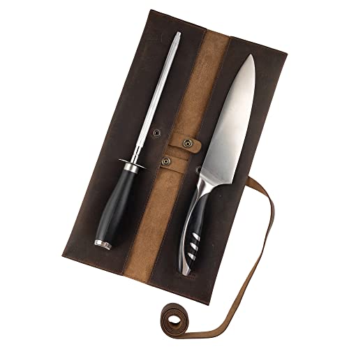 Double Knife Roll for Chefs and Cooks, Vertical Case for Knives, Culinary Accessories, Carry-On Bag for Traveling, Full Grain Leather, Handmade, Bourbon Brown