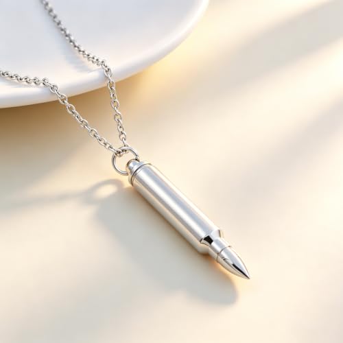 SIYUU Bullet Memorial Keepsake Pendant Stainless Steel Cremation Ashes Urn Necklace Capsule Funeral Casket Urn Pendant Keepsakes for Men Women Silver