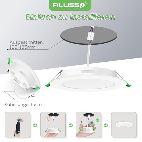 Alusso LED Recessed Spotlight, 230 V, Flat IP44, 10 W LED Spotlights, 700 lm, Set of 6 | Warmweiß 3000K Einbauleuchten, 30mm Ultra Flach, Einbauspot Loch 125-135mm, Deckenspots für Badezimmer Küche Wohnzimmer Warm White 3000 K, Set of 6