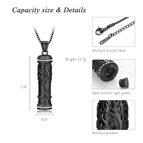 XSMZB Tree of Life Cremation Jewelry for Ashes Human Pet Cylinder Keepsake Ashes Necklace Cremation Memorial Pendant for Women Men Black
