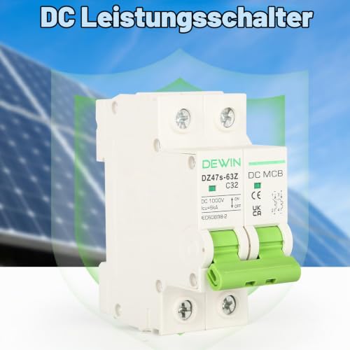 DEWIN Circuit Breaker 32A 2-Pin Solar Photovoltaic Isolator MCB Circuit Breaker for PV System 2P DC 1000V Type C 32ADC1000V