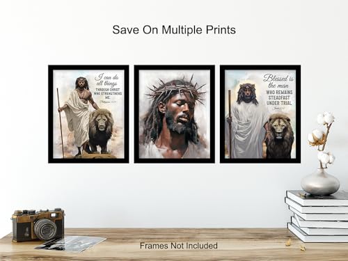 African American Art, Christian Gifts for Black Men, Women - Jesus Wall Art - spiritual Bible Verse Scripture Wall Decor Set - Religious Decor - Faith Christian Room Decoration - God Quotes Home Print