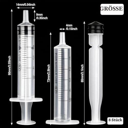 Syringe 5 ml, Pack of 8 Plastic Syringe, Plastic Syringe, Dosing Syringe, Reusable Liquid Syringe for Liquid Measurement and Dispensing, Animal Feeding, Plant Watering | Reusable Dosing Syringe for Laboratory Plant Watering Engine Oil [Not Medical Use]