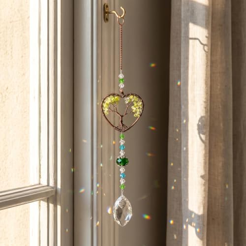 Tree of Life Crystal Suncatcher for Windows, Handmade Green Crystal rainbow Maker Hanging Ornaments for Garden Home Decor Spiritual Gifts for Women Men Friends and Holidays