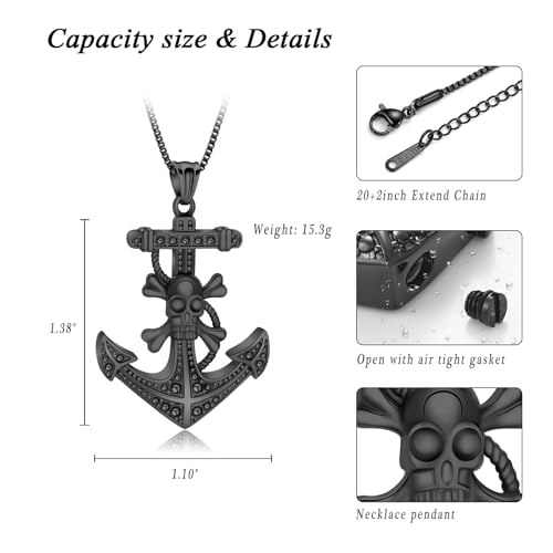 XSMZB Skull Anchor Cremation Jewelry for Ashes Men Women Keepsake Urn Necklace Ashes Holder for Human Pet Memorial Pendant Black