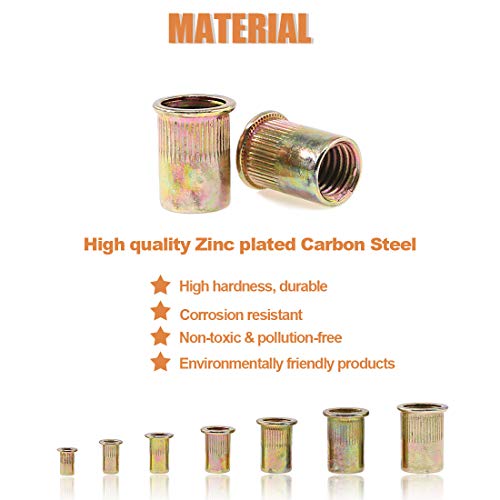 Keadic metric zinc-plated carbon steel rivet nut assortment kit with flat head threaded inserts, 7 sizes
