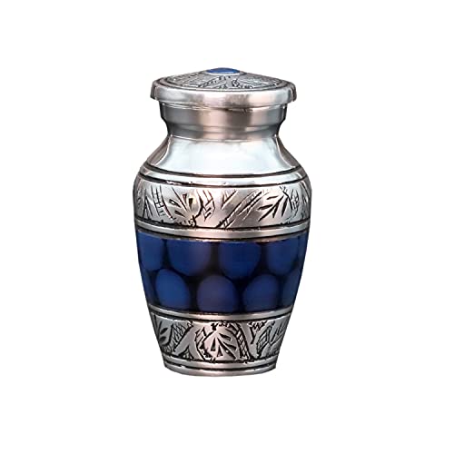 HLC Blue Hand Engraved Small Keepsake urn - Cremation Urn with 1 Velvet Box Bag, 3 cu.in Aluminium, Lovely Blue Pattern, Polished Finish, Decorative Urn