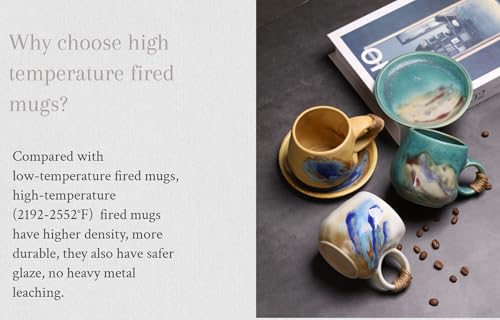 8oz Handmade Ceramic Tea Cup and Saucer set of 2, Small Artisanal Mug with saucer set , Lead-Free Latte Art Mug, Handcrafted Pottery tea mug with handle, Matching and Couple cups (White+Green set ) White+Green( 2 pcs set )
