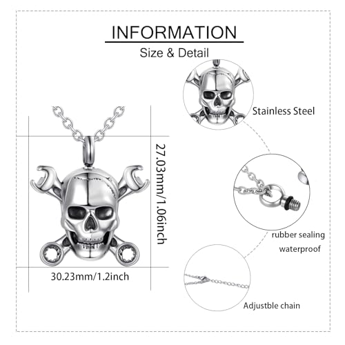 Wrench Urn Necklace for Ashes Skull Stainless Steel Cremation Jewelry Keepsake Gift Skull tool