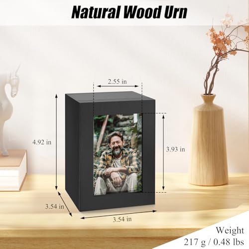 SOITIS Small Wood Urn for Human Ashes, Cremation Ashes Urns Black with Photo Frame - Mini Memorial Wood Urns Box, Decorative Keepsake Urn for Women Men - Small Size Urn Solid