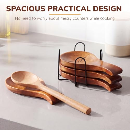 4 Pcs Wood Spoon Rest for Stove Top with Coaster Holder Wooden Spoon Holder Black Metal Storage for Spatula Ladles Tong Cooking Accessories Housewarming Gifts Modern Farmhouse Table Decor