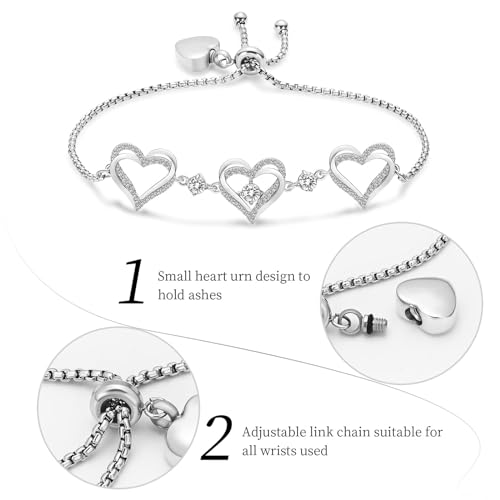 Cremation Jewelry Heart Urn Bracelet for Ashes for Women Cremation Link Memorial Urn Bracelet Jewelry Birthstone Bracelet Silver-white