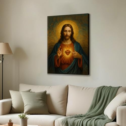 AUUAUU Sacred Heart of Jesus Wall Art Christian Canvas Painting 12x16 Inch 16"L x 12"W