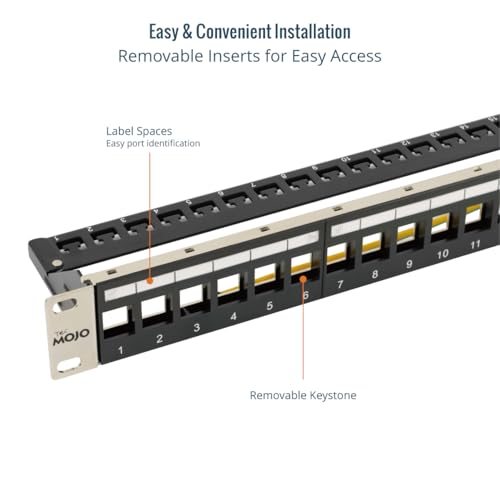 Tecmojo 19 Inch Patch Panel with 24 Ports, Empty, Suitable for Shielded and Unshielded Keystone Module Sockets, with Rear Cable Management, Black (19" Patch Panel with 24 Ports)