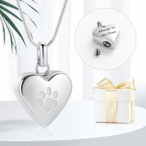 Cremation Jewelry Paw Print Heart Urn Necklace for Ashes for Women Men Pendant Memorial Keepsake for Human/Dog's & Cat's Ashes Silver-Always in My Heart