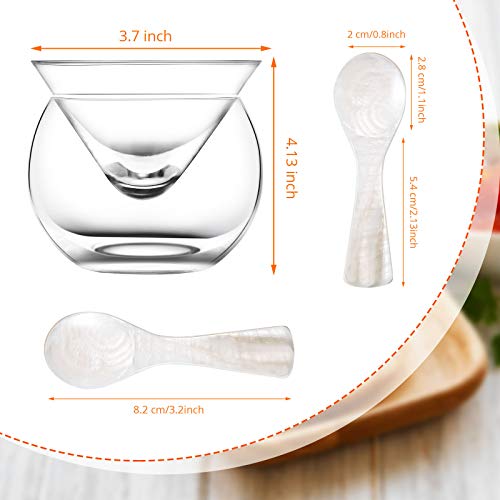 Patelai glass caviar serving set with four elegant caviar spoons and a chilling dish for sophisticated presentation.