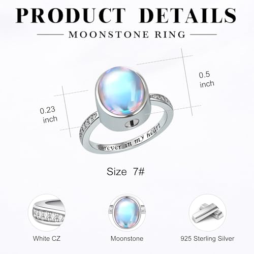 Moonstone Urn Rings for Women Sterling Silver Circle of Life Cremation Jewelry for Human Ashes Keepsake Memorial Gift for Loved Ones 10