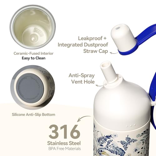26oz Ceramic Lined Water Bottle with Straw and Lid, Insulated Stainless Steel Travel Tumbler, Leak-Proof Sports Cup for Gym Yoga Outdoor, BPA-Free Double Wall, Gift for Women 26 Ounces Butterfly Whispers