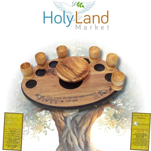 Holy Land Market Olive Wood Communion Set, Round Bowl + 6 Goblets + Tray Round Bowl + 6 Small Goblets + Tray