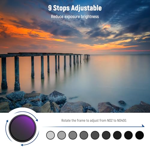 NEEWER 62mm ND2-400 (1-9 Stops) Variable ND Filter with Lens Cap, Lanyard, Cleaning Cloth, Precise Neutral Density Adjustment, Fingerprint & Scratch Resistant Multicoated Optical Glass ND2-ND400