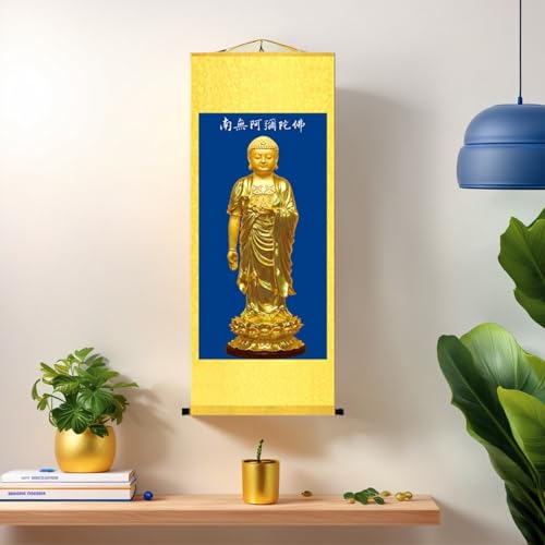 Zzooi Asian Elegant Buddhist Art Chinese Style Buddha Portrait Namo Amitabha Wall Art Hanging Silk Painting,Amituofo Chant 39"L x 17.7"W