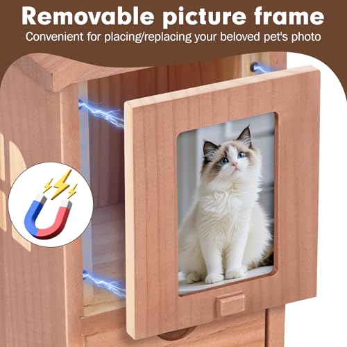 Wooden Cat Urn for Ashes, Pet Ashes Box with Movable Picture Frame Walnut Brown House S