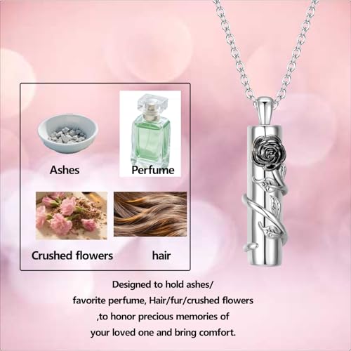 Rose Flower Urn Necklace for Ashes Stainless Steel Cylinder Ash Holder Pendant Cremation Jewelry for Ashes Black