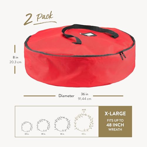 ZOBER 2 Pack Oxford Christmas Wreath Storage Container 48 Inch - Wreath Bag for Artificial Wreaths Box - Waterproof Fabric, Dual Zippered Wreaths Storage Bag With Strong Durable Handles - Red