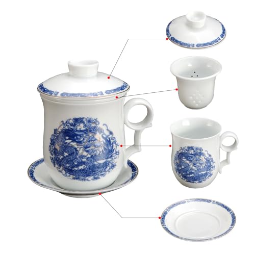 GOLDY&WENDY Elegant Chinese Style Ceramic Tea Cup Porcelain Tea Mug with Infuser Lid and Saucer Sets D-Flower 12.2 Ounces