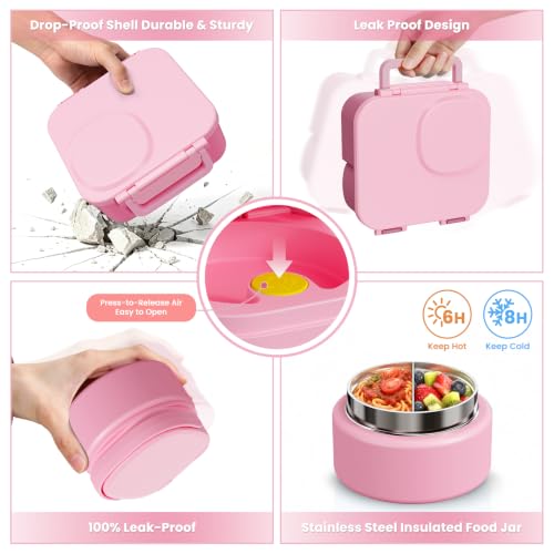 wiwens Kids Bento Lunch Box with Soup Thermo Food Lunch Container for Kid Pink