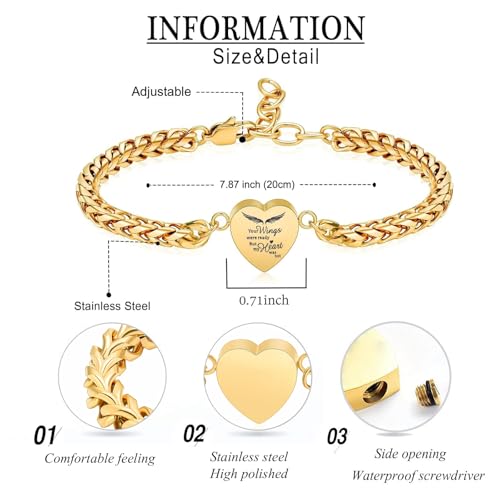 zeqingjw Heart Cremation Memorial Urn Bracelet for Ashes for Women Stainless Steel Adjustable Keepsake Bangle Cremation Memorial Ash Jewelry Gold