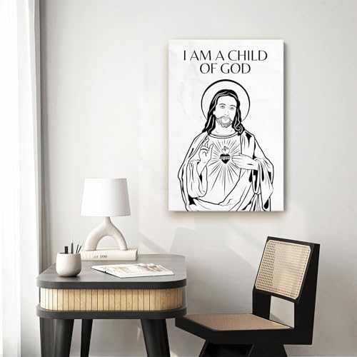 CCCHCY "I Am A Child of God Christian Canvas Art, Black and White Jesus Picture Wall Decor, Sacred Heart Jesus Artwork, Minimalist Christian Home Décor, Inspirational Scripture Prints, 16" x 24" Wrapped Canvas 24"L x 16"W