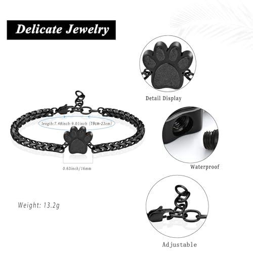 Paw Print Urn Bracelet for Ashes for Dog/Cat Cremation Jewelry Cute Animals Adjustable Memorial Keepsake Bracelets Jewelry for Ash Holder Black