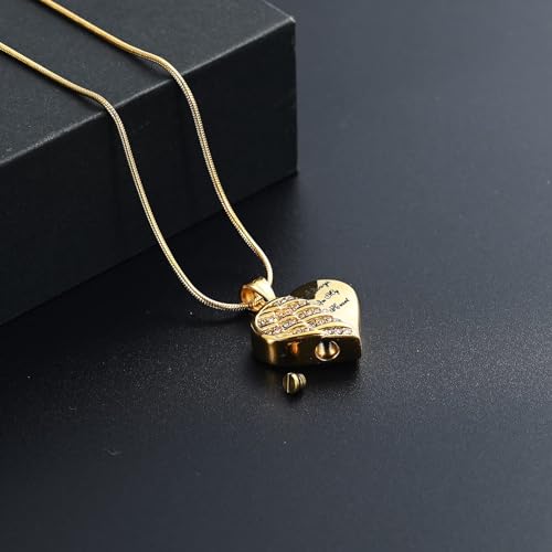 Heart Urn Necklace for Ashes for Women Men Angle Wings Cremation Jewellery Keepsake Pendant Memorial Locket Ash Holder Forever In My Heart Gold