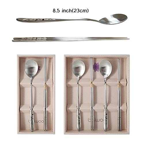 [VACUUM][2 Sets][Made in Korea] Flying Crane Design Spoon and Chopsticks Set, Vacuum Light Weight Cutlery, 304 Stainless Steel Flat Chopsticks Matt Surface Flatware (White 2 Sets) White 2 Sets