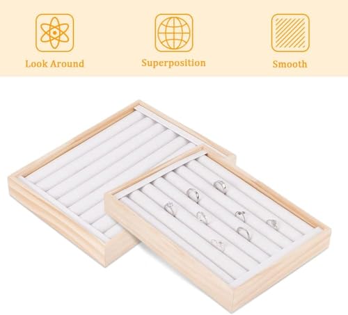 NBEADS 2 Pcs PU Leather Rings Displays Tray, 7 Slots Ring Earring Storage Holder Bracelets Necklaces Jewelry Display Organizer for Jewelry Retail Display Selling, White, 7.08x9.48x1.22 2 Pcs White PU Leather 7 Slots