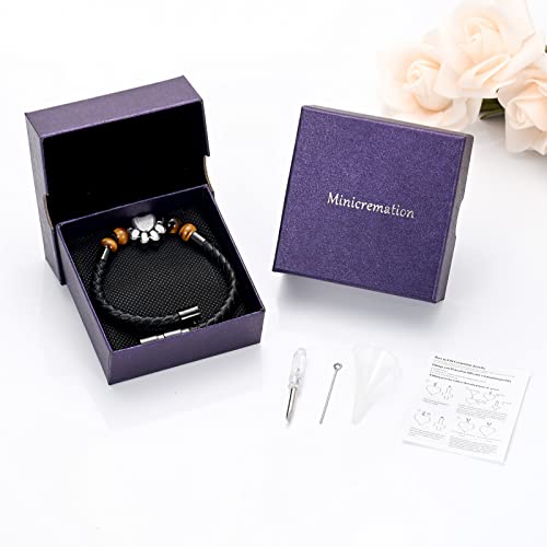 Minicremation Paw Print Urn Bracelet Cremation Jewelry Lava Stone Urn Bracelet for Ashes for Women Men Chakra Healing Balancing Genuine Leather Memorial Bracelets Black-24CM