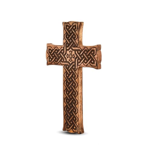 NIRMAN Cross Mango Wood Handmade Antique Decor Religious Brown Living Room Home Décor for Entryway Office Living Room (10" x 6" x 0.75")
