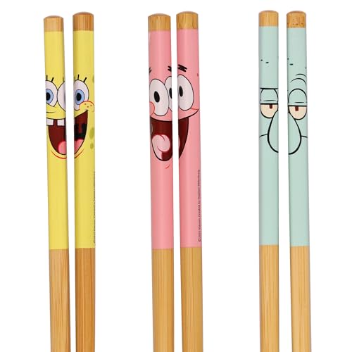 Nickelodeon SpongeBob SquarePants reusable chopsticks set with six Bikini Bottom character designs, 9.5 inches long.