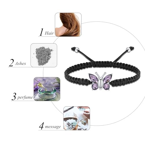 Cremation Jewelry Butterfly Urn Bracelet for Human Ashes for Women Adjustable Memorial Keepsake Rope Bracelet Light Purple