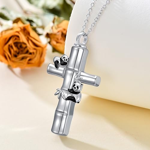 TOUPOP Panda Urn Necklace for Ashes Sterling Silver Memorial Keepsake Cremation Jewelry Gifts Cross Urn Pendant Panda Bear Jewelry for Aahes Gifts for Panda Lover Birthday Gifts for Women Daughter Mom