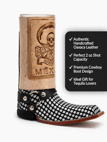 Mexican Boot Shot Glass - Handmade Hand Tooled Leather Mini Boot Tequila Shot - Cowboy Boot Glasses - Assorted Colors - 3 Pack - Approximately 5 1/2" H x 6" W random