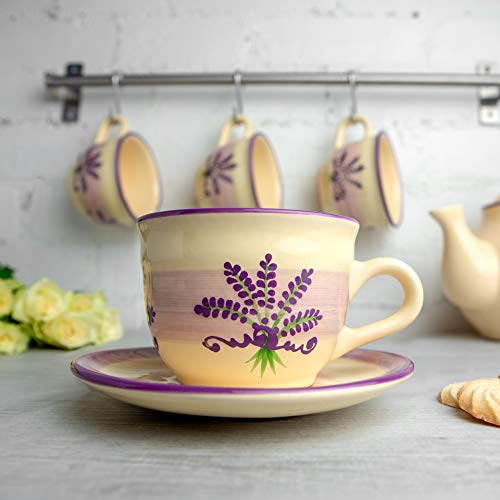 City to Cottage Handmade Lavender Floral Purple And Cream Large Ceramic 12oz/350ml Cappuccino Coffee Tea Cup and Saucer, Unique Designer Pottery Gift for Tea Lovers
